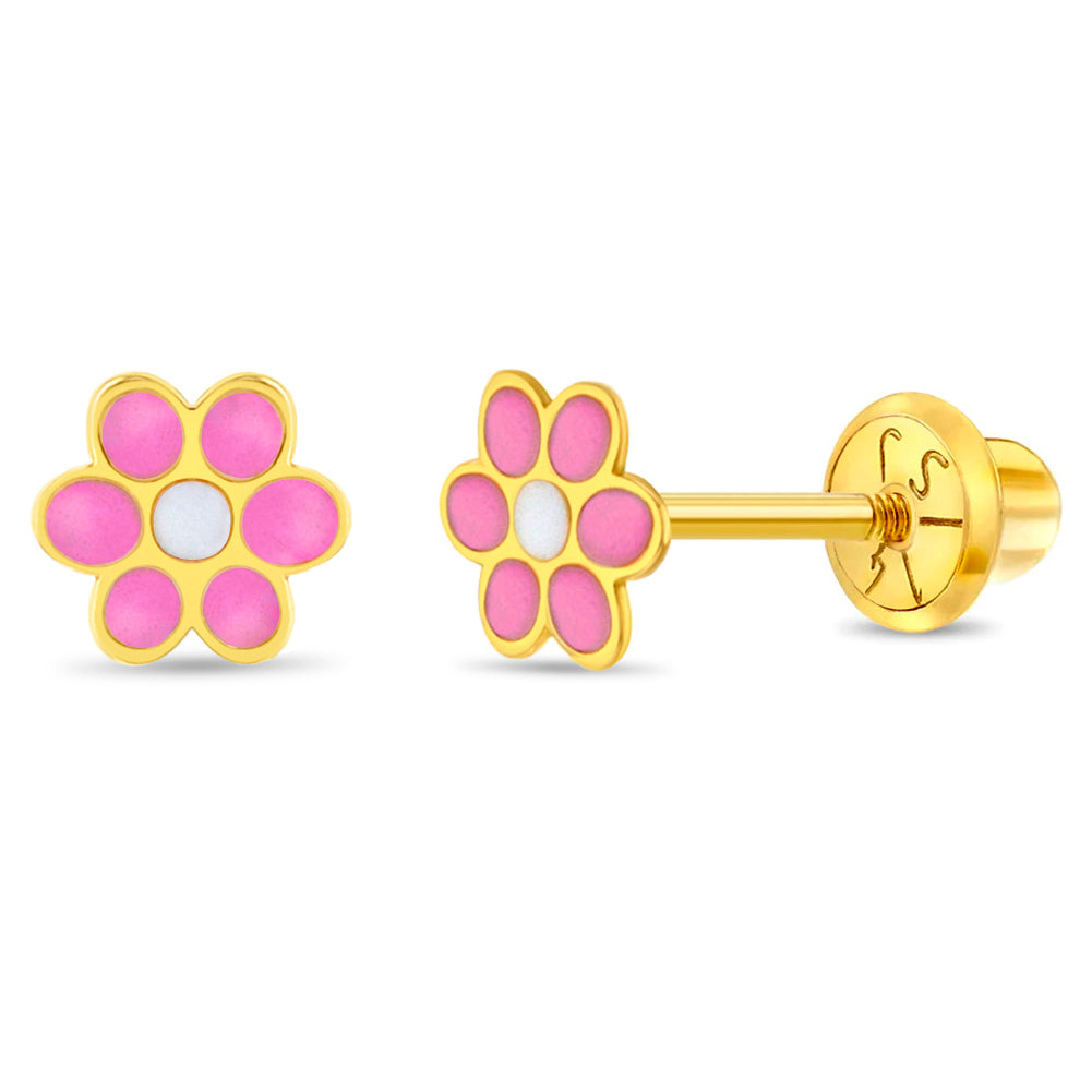 14k Gold Flower Baby / Toddler / Kids Earrings Safety Screw Back Enamel