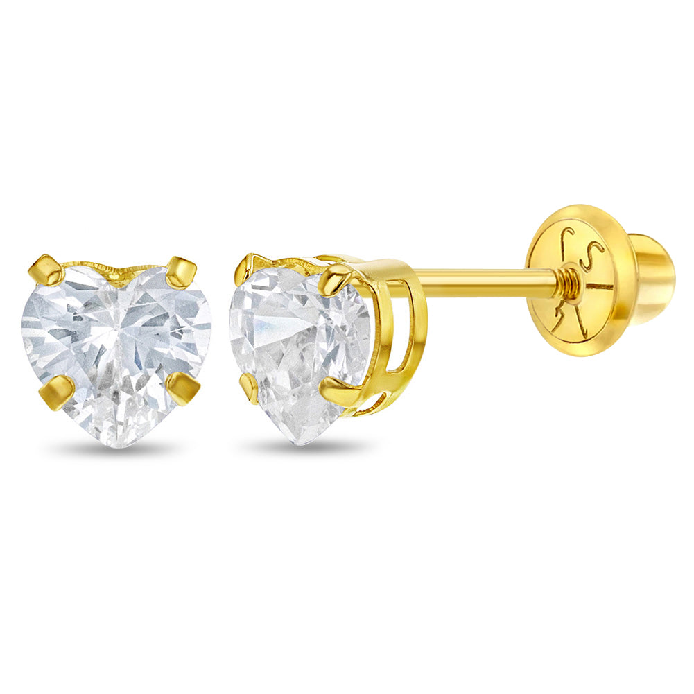 14k Gold Classic Heart CZ Solitaire Kids / Children's / Girls Earrings Safety Screw Back