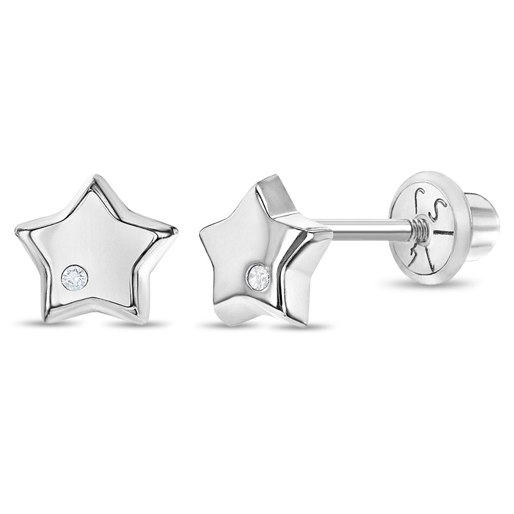 14k White Gold Genuine Diamond Puffy Star Baby / Toddler / Kids Earrings Safety Screw Back