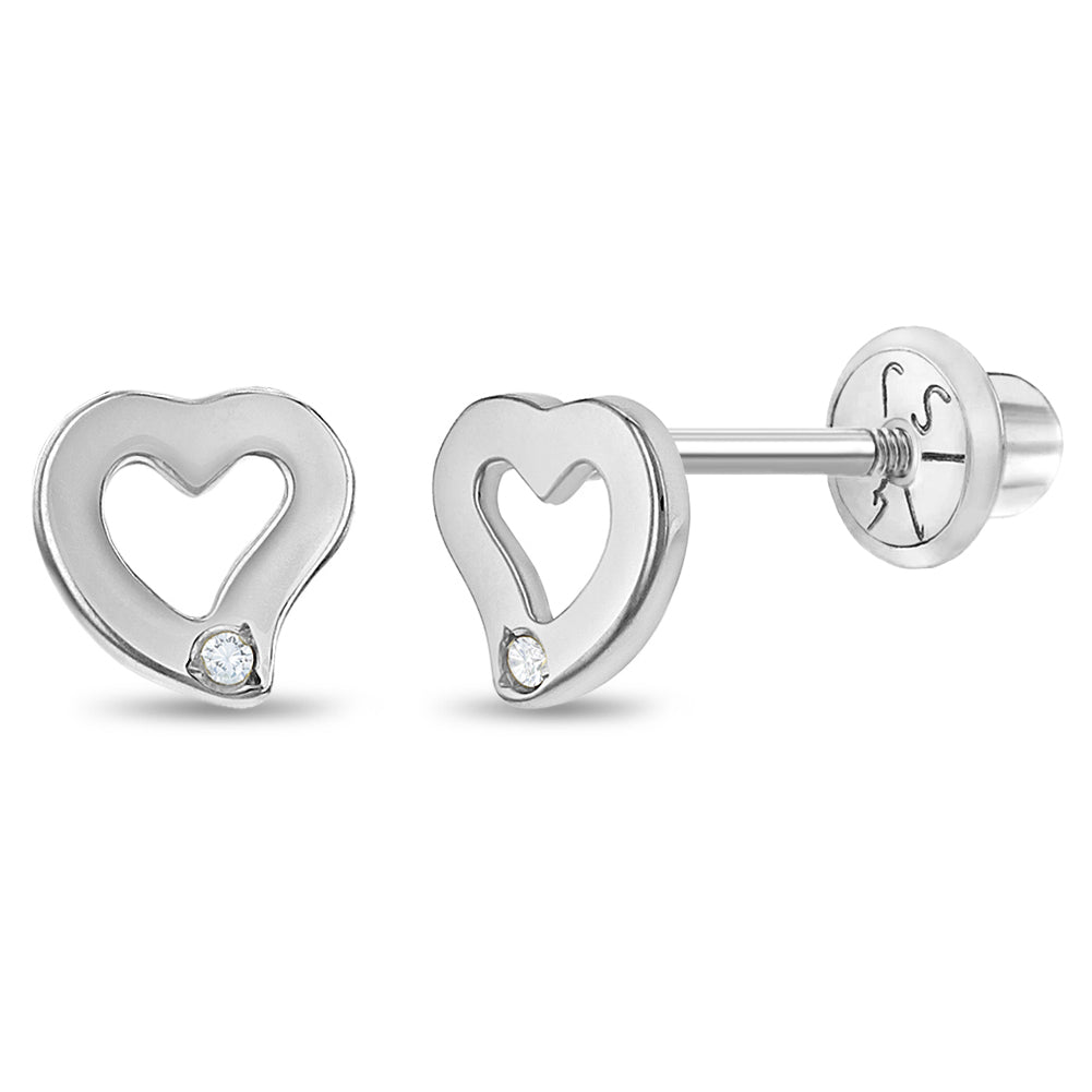 14k White Gold Genuine Diamond Heart Baby / Toddler / Kids Earrings Safety Screw Back