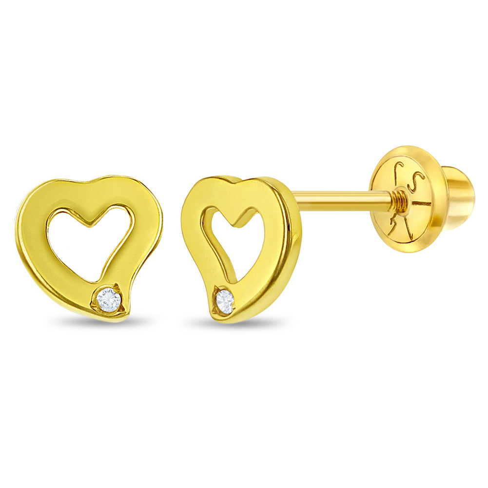 14k Gold Genuine Diamond Heart Baby / Toddler / Kids Earrings Safety Screw Back