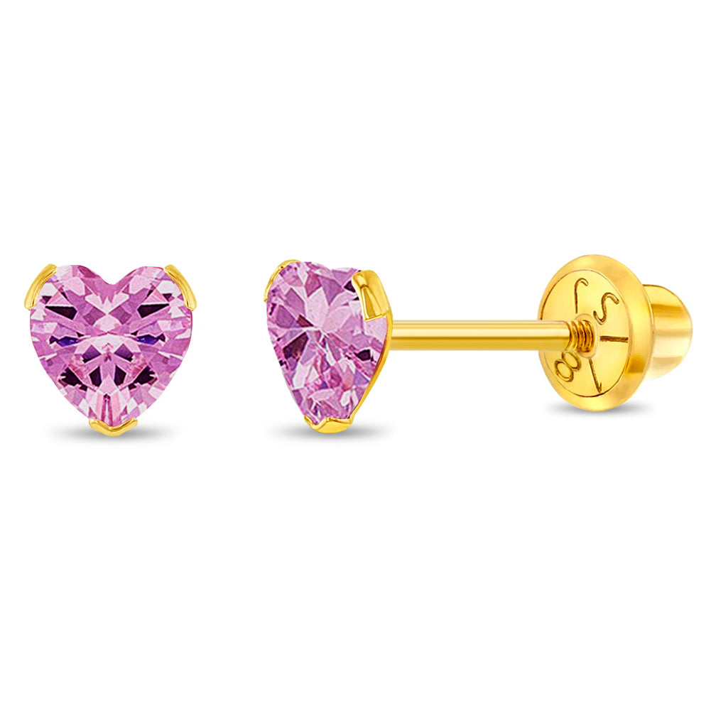 18k Gold Birthstone CZ Heart Baby / Toddler / Kids Earrings Safety Screw Back