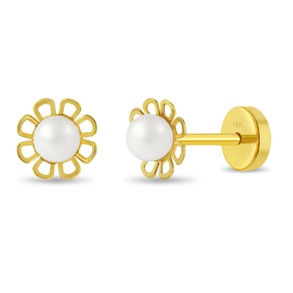 18k Gold Freshwater Cultured Pearl Flower Baby / Toddler / Kids Earrings Safety Push Back