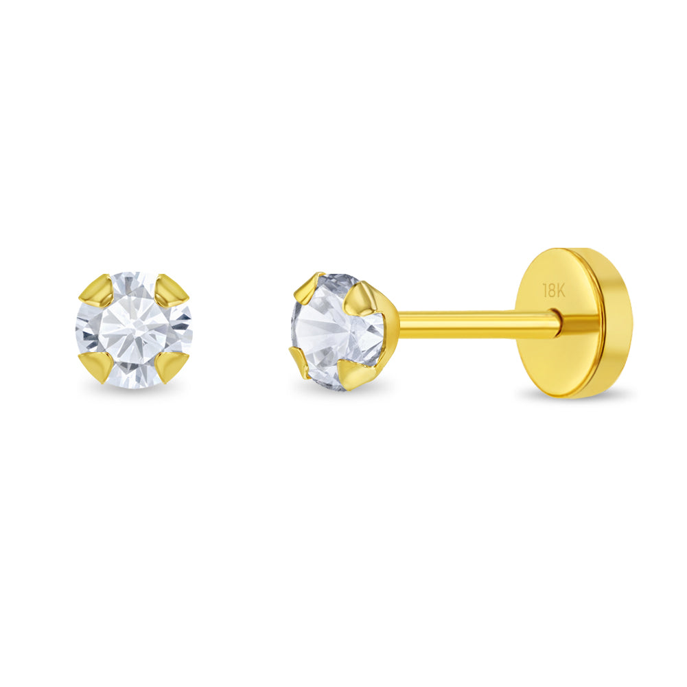 18k Gold Prong Cubic Zirconia Baby / Toddler / Kids Earrings Safety Push Back