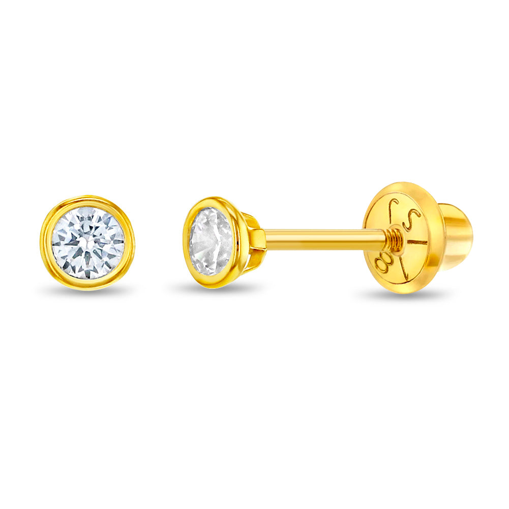18k Gold Tiny Bezel Set CZ Baby / Toddler / Kids Earrings Safety Screw Back