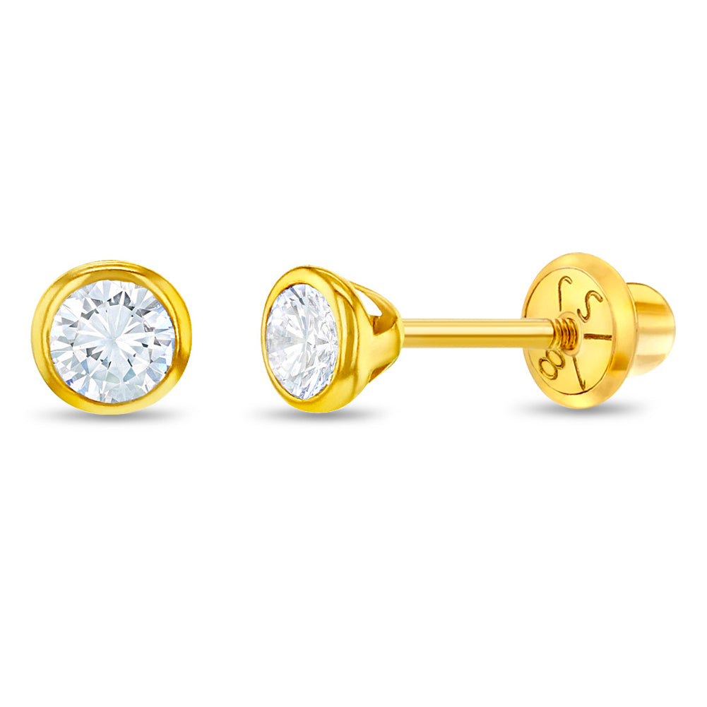 18k Gold Tiny Bezel Set CZ Baby / Toddler / Kids Earrings Safety Screw Back