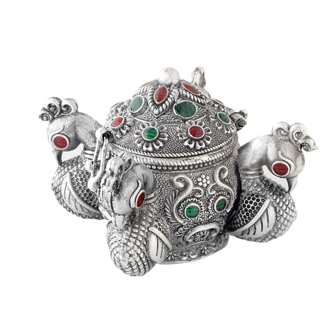 Silver Decorative Box With Four Peacocks Kumkum (sindoor) Dabbi