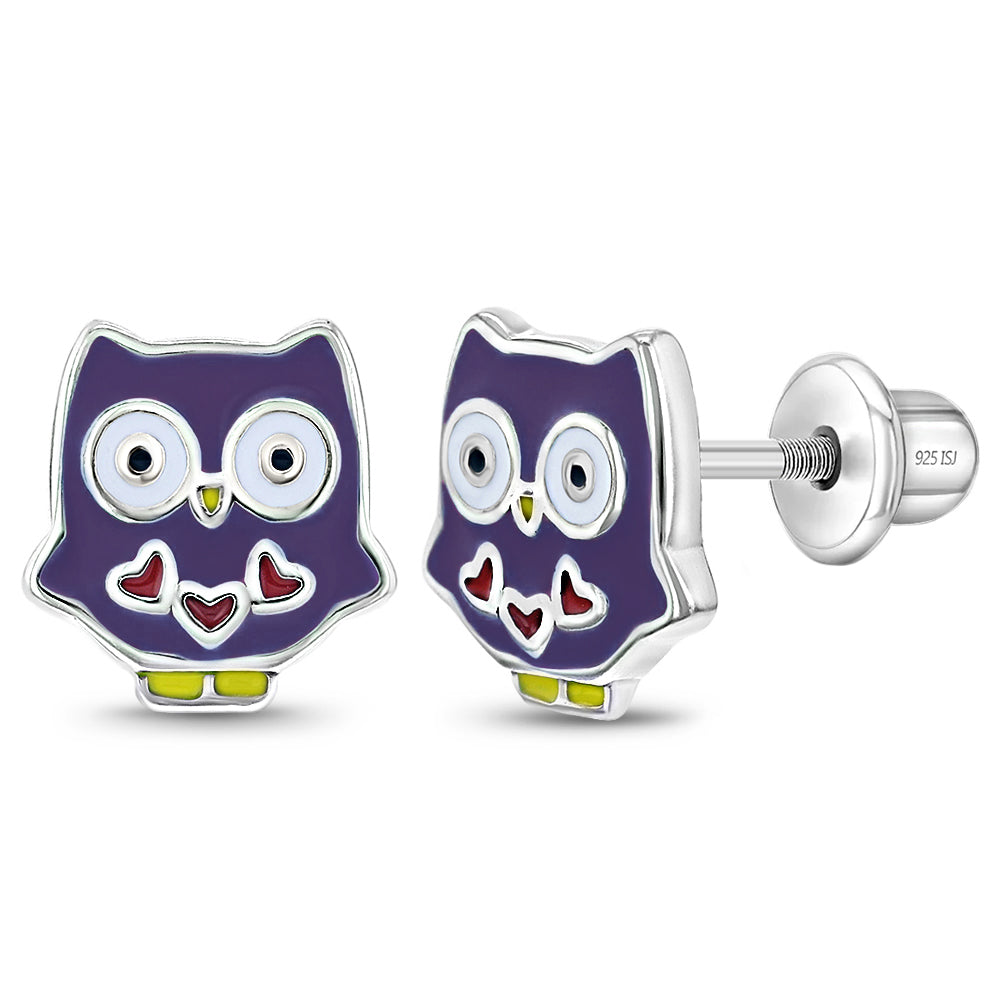 My Owl Friend Purple Baby / Toddler / Kids Earrings Screw Back Enamel - Sterling Silver
