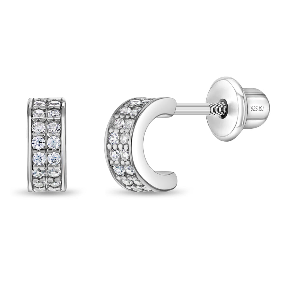 Sparkling Half Hoop Kids / Children's / Girls Earrings Screw Back - Sterling Silver
