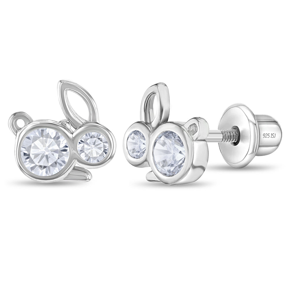 Cubic Zirconia Bunnies Baby / Toddler / Kids Earrings Screw Back - Sterling Silver