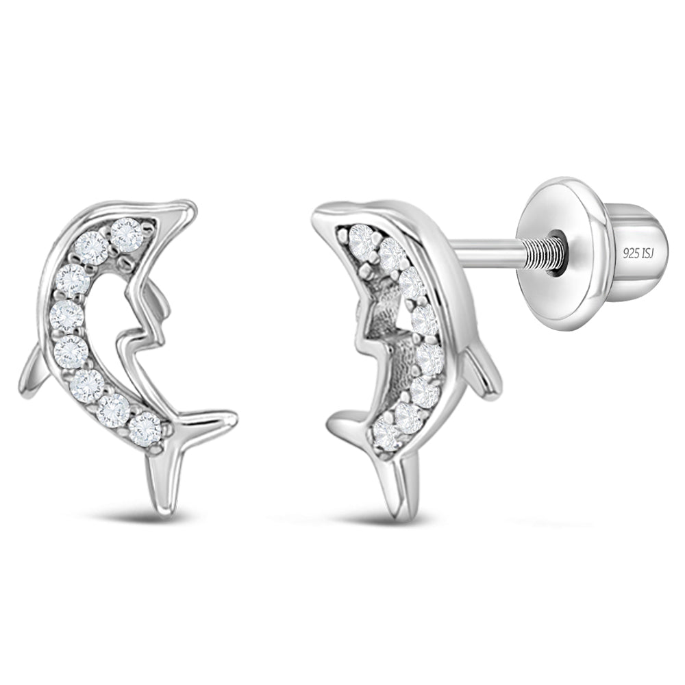 Frollicking Dolphin Kids / Children's / Girls Earrings Screw Back - Sterling Silver