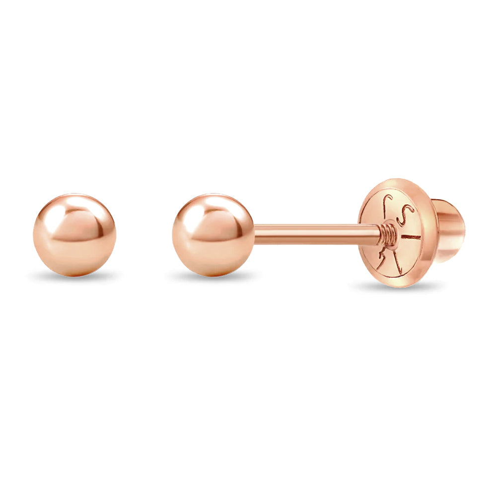 14k Rose Gold Classic Ball 3-5mm Baby / Toddler / Kids Earrings Safety Screw Back