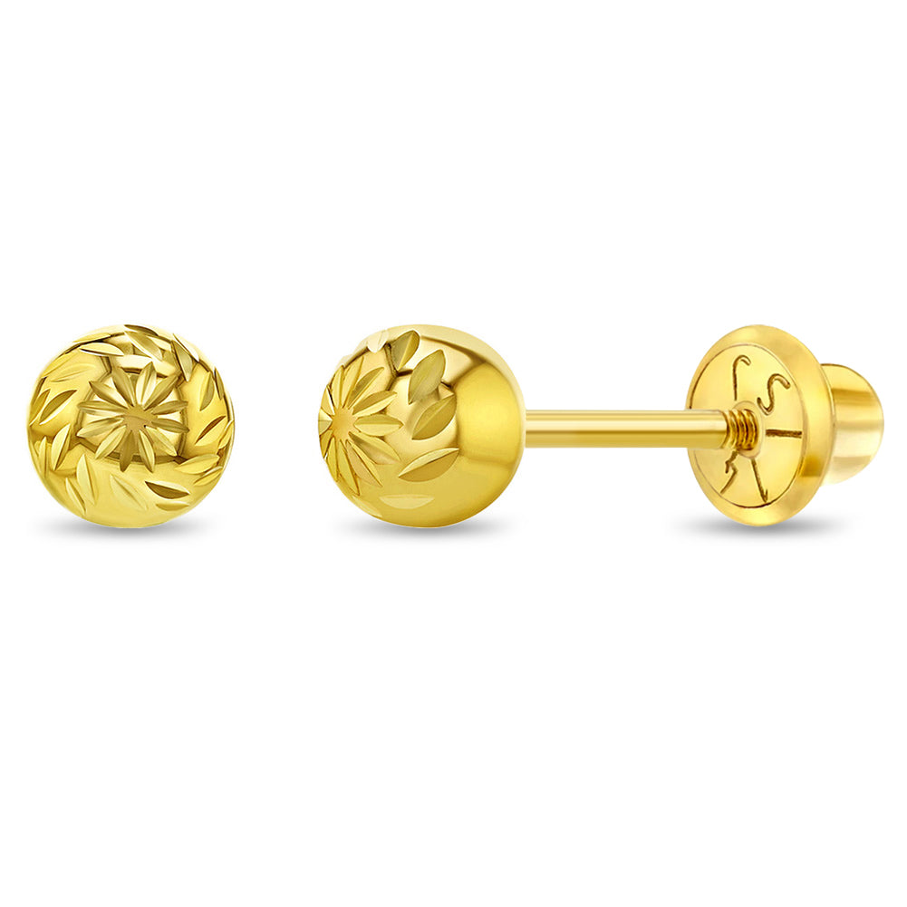 14k Gold Diamond Cut Ball Baby / Toddler / Kids Earrings Safety Screw Back