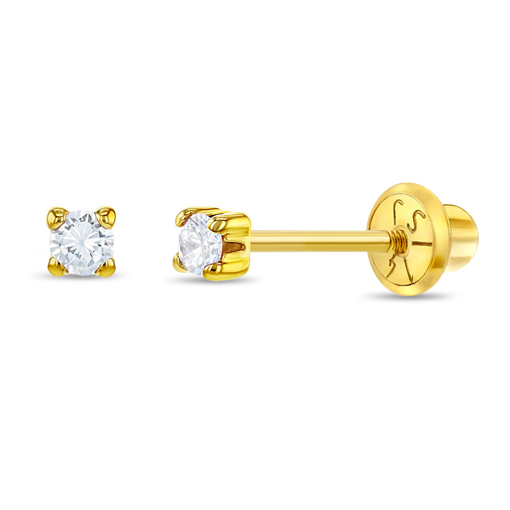 14k Gold 4 Prong CZ Solitaire 2-5mm Baby / Toddler / Kids Earrings Safety Screw Back