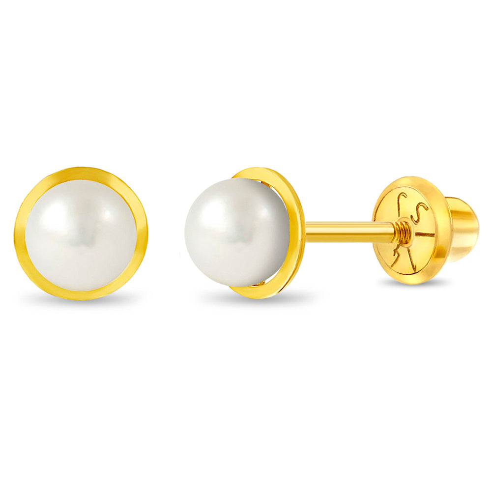 14k Gold Formal Freshwater Pearl 6mm Kids / Children's / Girls Earrings Safety Screw Back