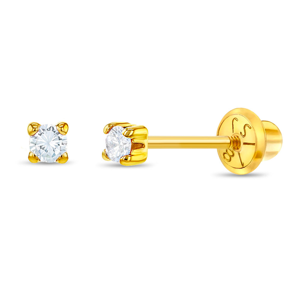 18k Gold 4 Prong CZ Solitaire 2-5mm Baby / Toddler / Kids Earrings Safety Screw Back