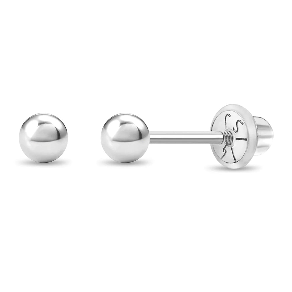 14k White Gold Classic Ball 3-4mm Baby / Toddler / Kids Earrings Safety Screw Back