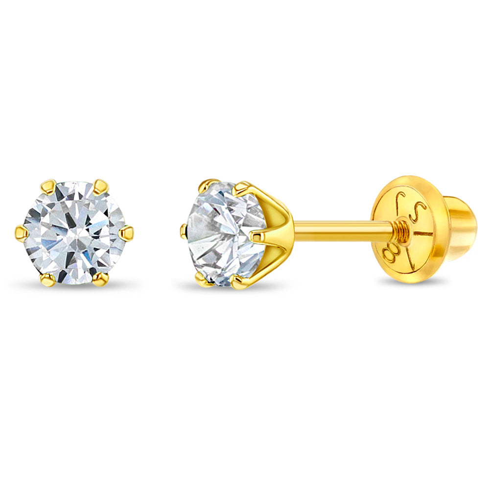 18k Gold Radiant Prong Set CZ 4mm Baby / Toddler / Kids Earrings Safety Screw Back