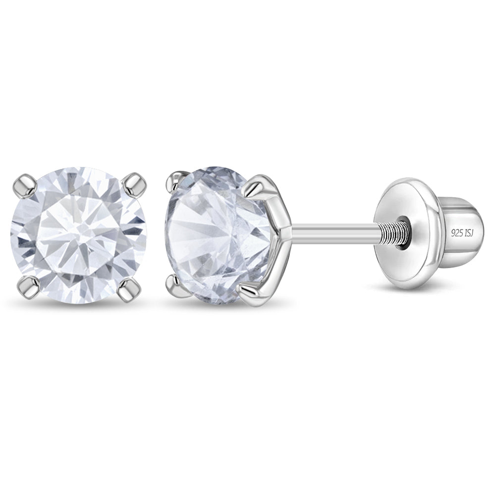 Modern Prong Solitaire Kids / Children's / Girls Earrings Screw Back - Sterling Silver
