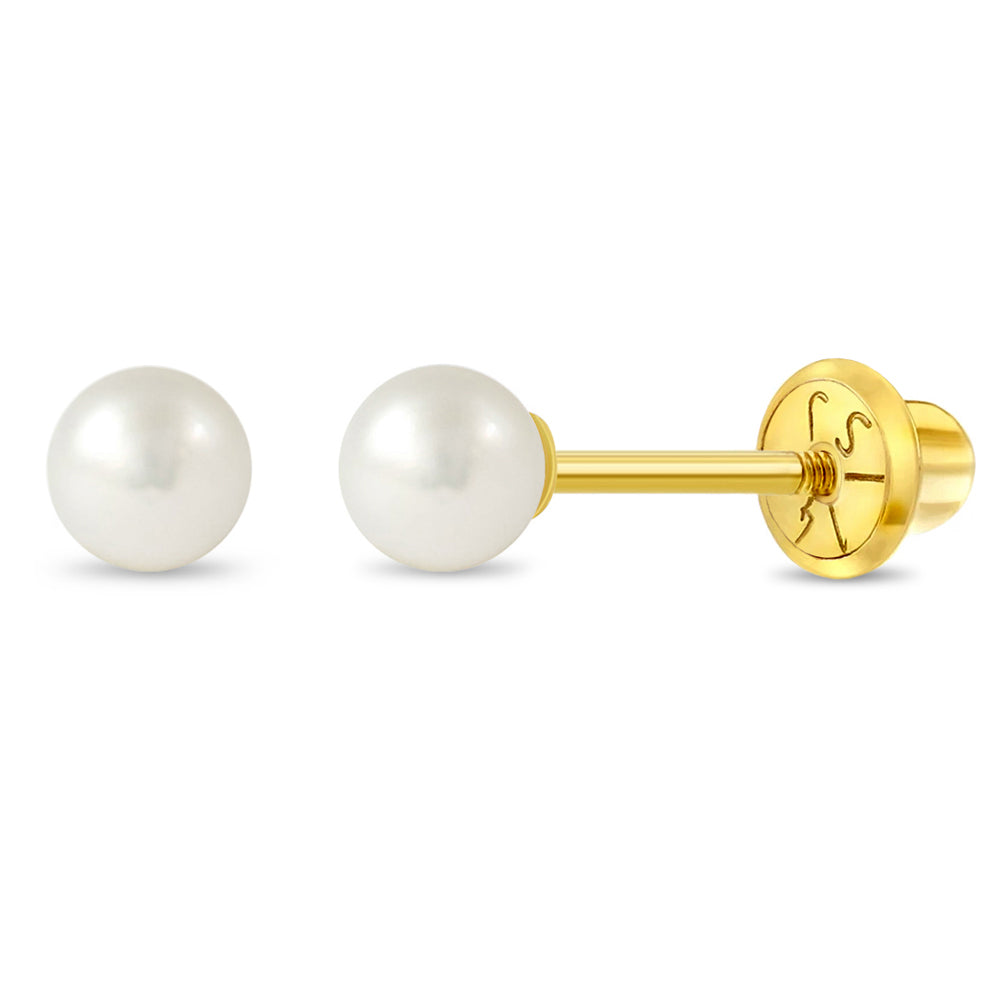 14k Gold Classic Freshwater Cultured Pearl 3-5mm Baby / Toddler / Kids Earrings Safety Screw Back