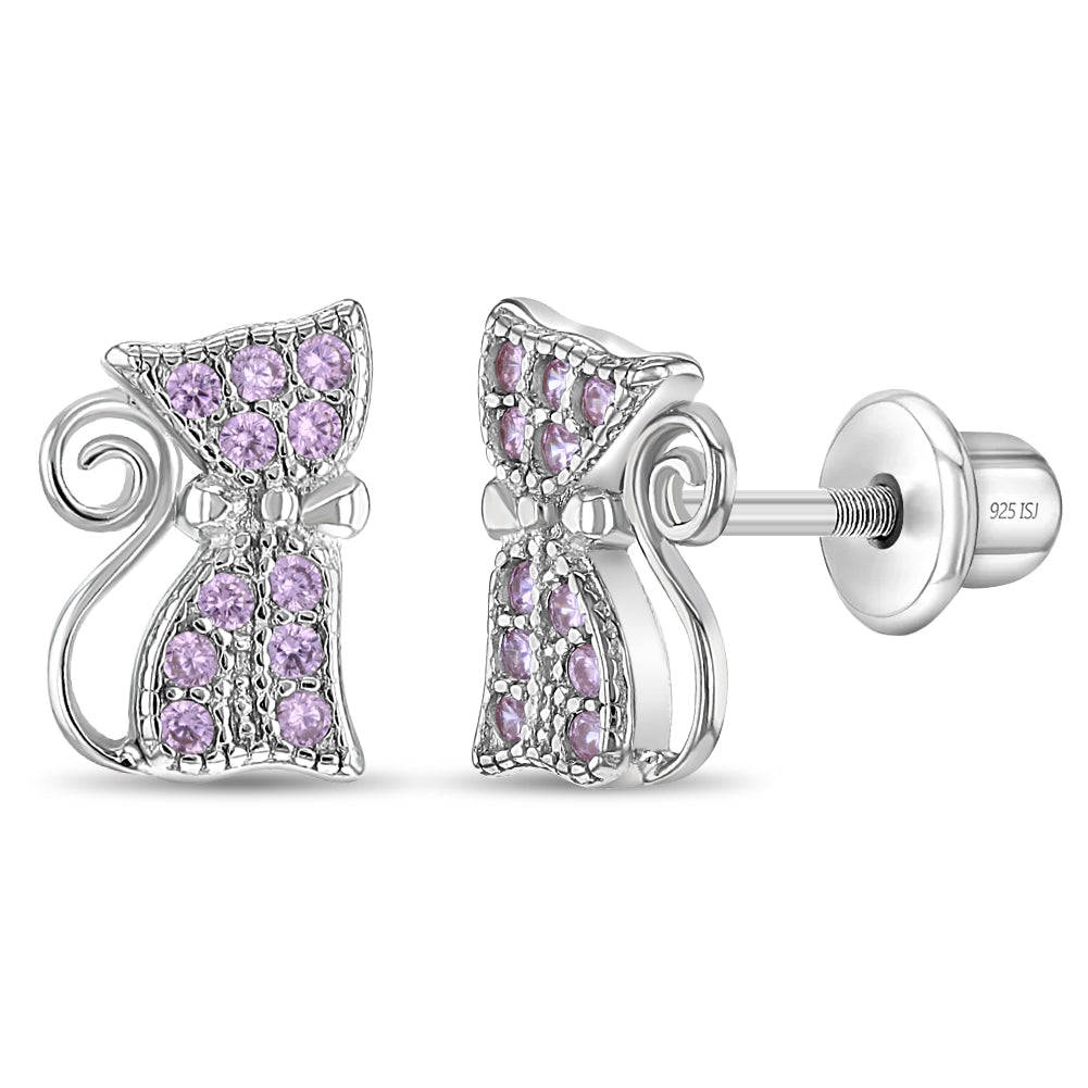 Sassy Kitty Cat Kids / Children's / Girls Earrings Screw Back - Sterling Silver