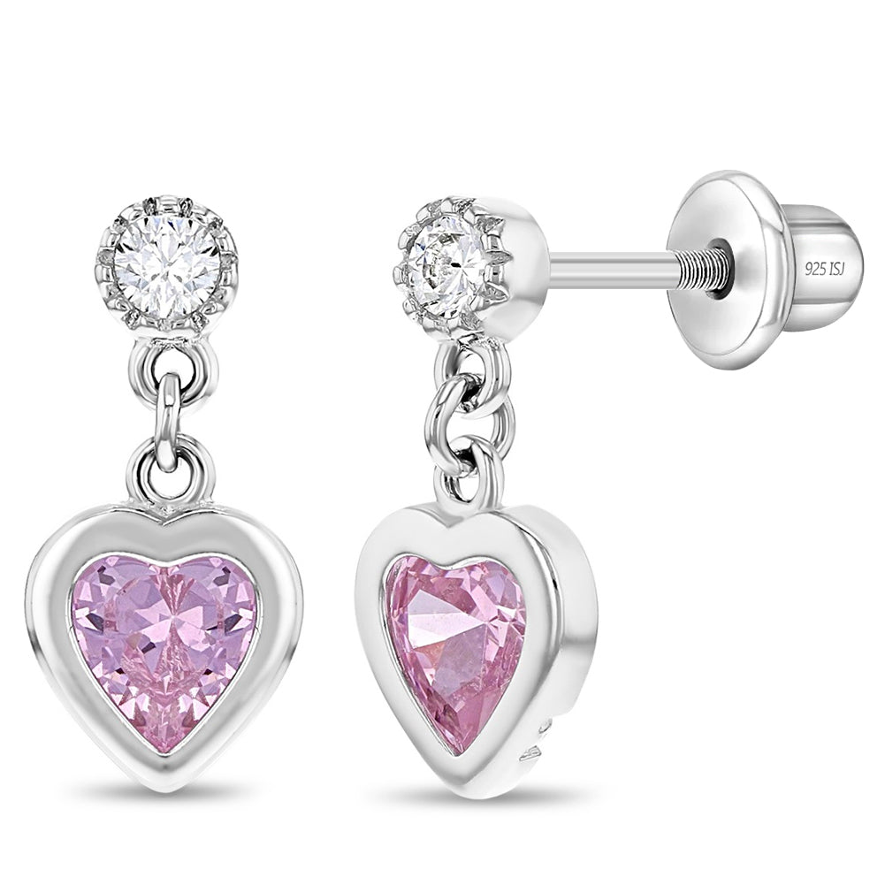 My First Dangle Hearts Kids / Children's / Girls Earrings Screw Back - Sterling Silver
