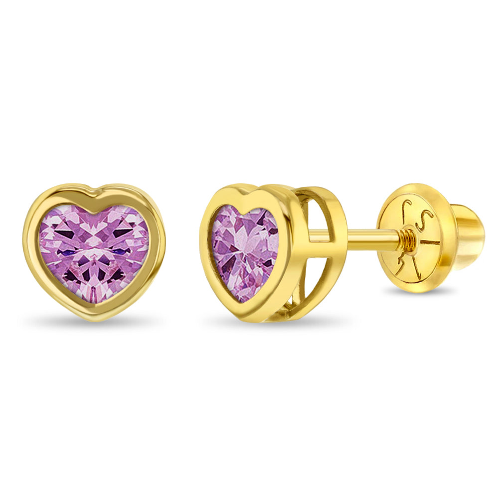14k Gold Heart Bezel Simulated Birthstone Kids / Children's /  Girls Earrings Safety Screw Back