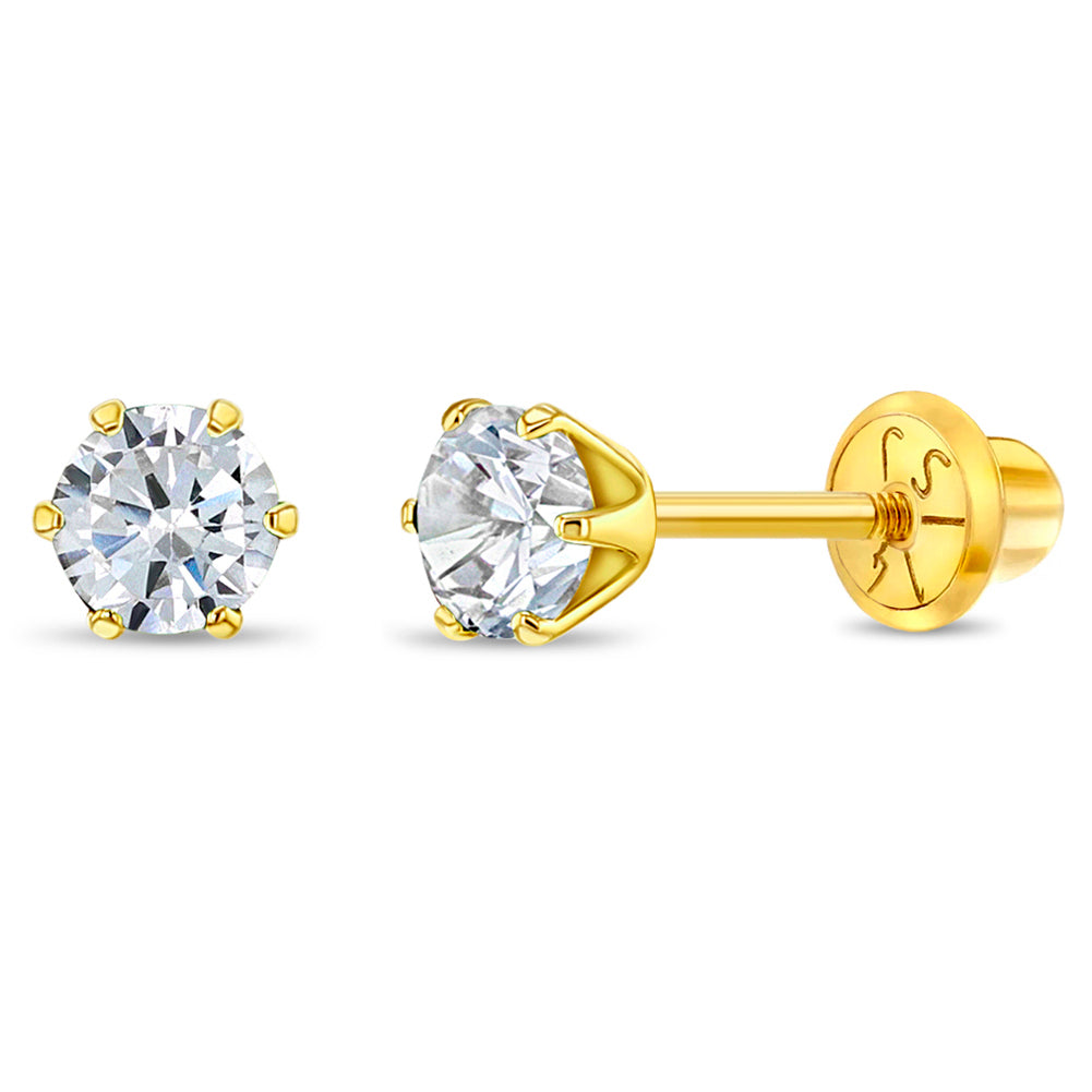 14k Gold Radiant Prong Set CZ 4mm Baby / Toddler / Kids Earrings Safety Screw Back