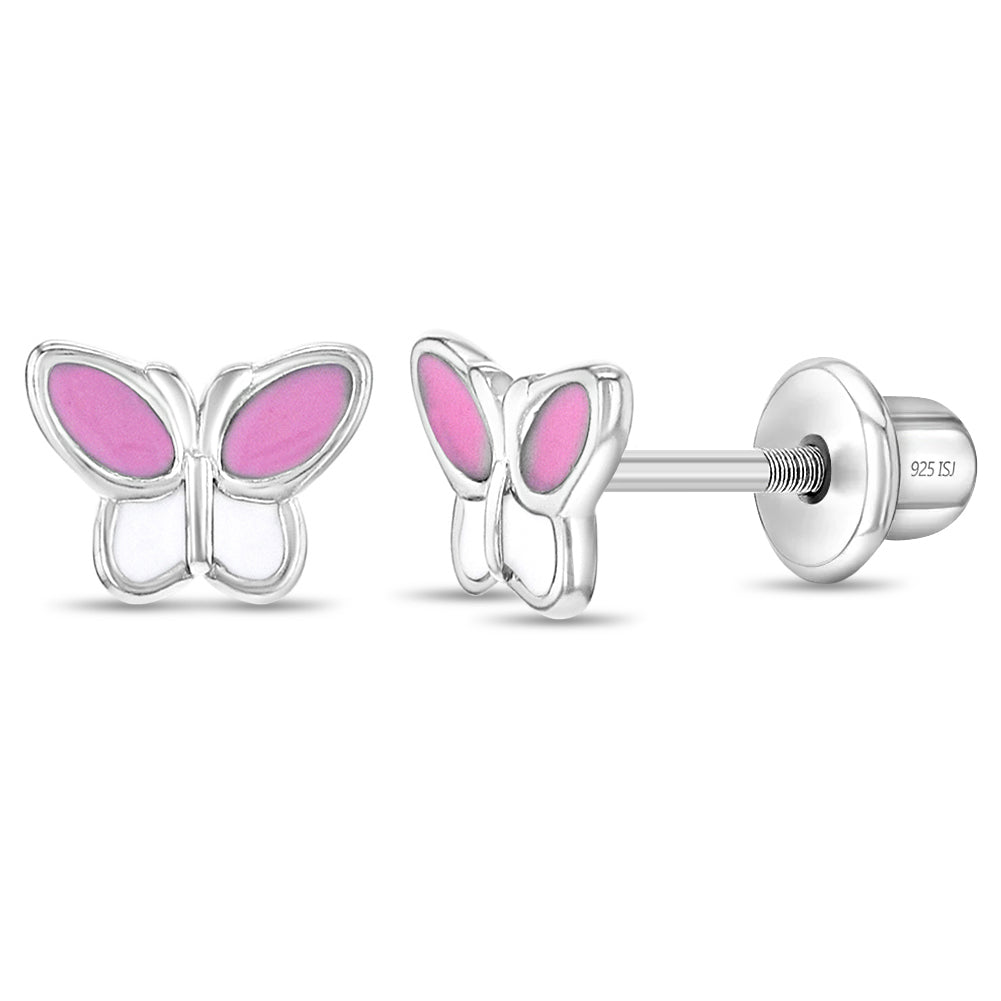 Simply Butterflies Pink Baby / Toddler / Kids Earrings Screw Back Enamel - Sterling Silver