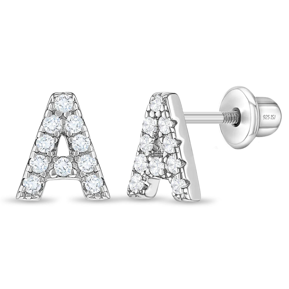 Cubic Zirconia Letter Initial Baby / Toddler / Kids Earrings Screw Back - Sterling Silver