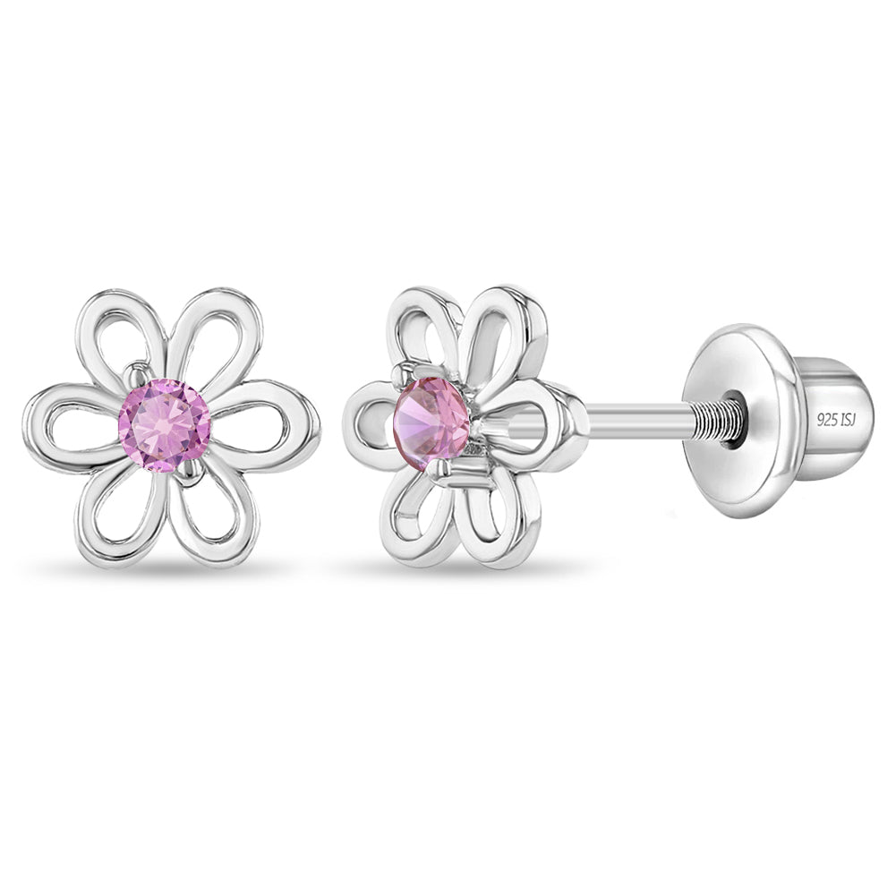 Spring Cubic Zirconia Flower Baby / Toddler / Kids Earrings Screw Back - Sterling Silver