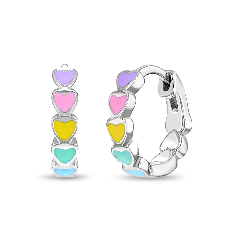 Heart Cascade 9mm Toddler / Kids Earrings Hoop/Huggie Enamel Safety Latch - Sterling Silver