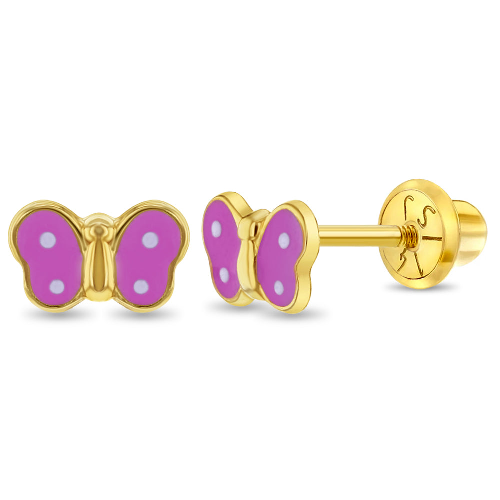 14k Gold Tiny Polka Dot Butterfly Baby / Toddler / Kids Earrings Safety Screw Back Enamel