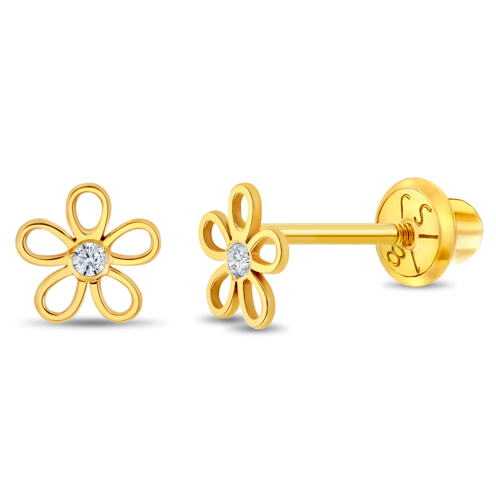 18k Gold CZ Flower Clear Toddler / Kids / Girls Earrings Safety Screw Back