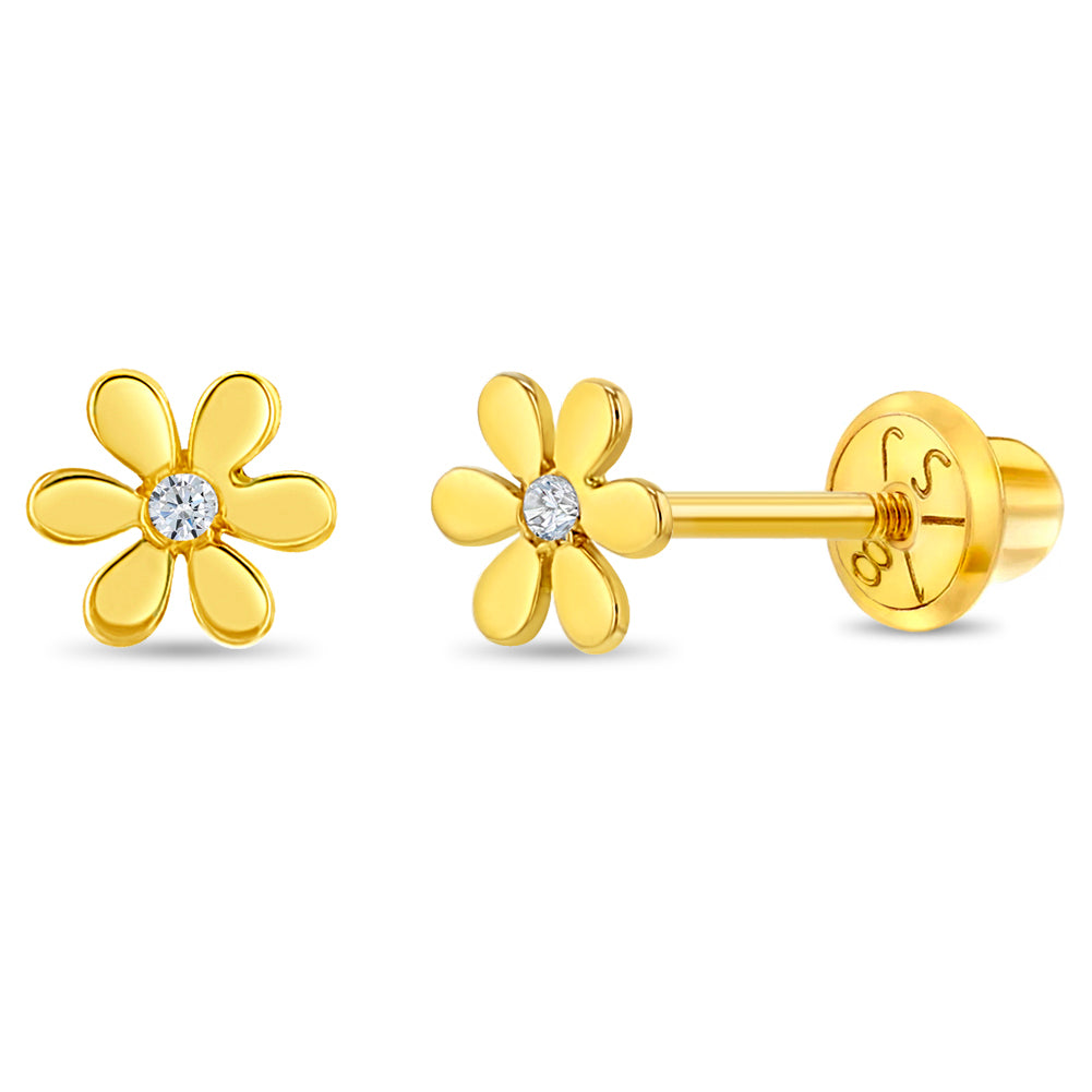 18k Gold Tiny Flower Clear CZ Baby / Toddler / Kids Earrings Safety Screw Back