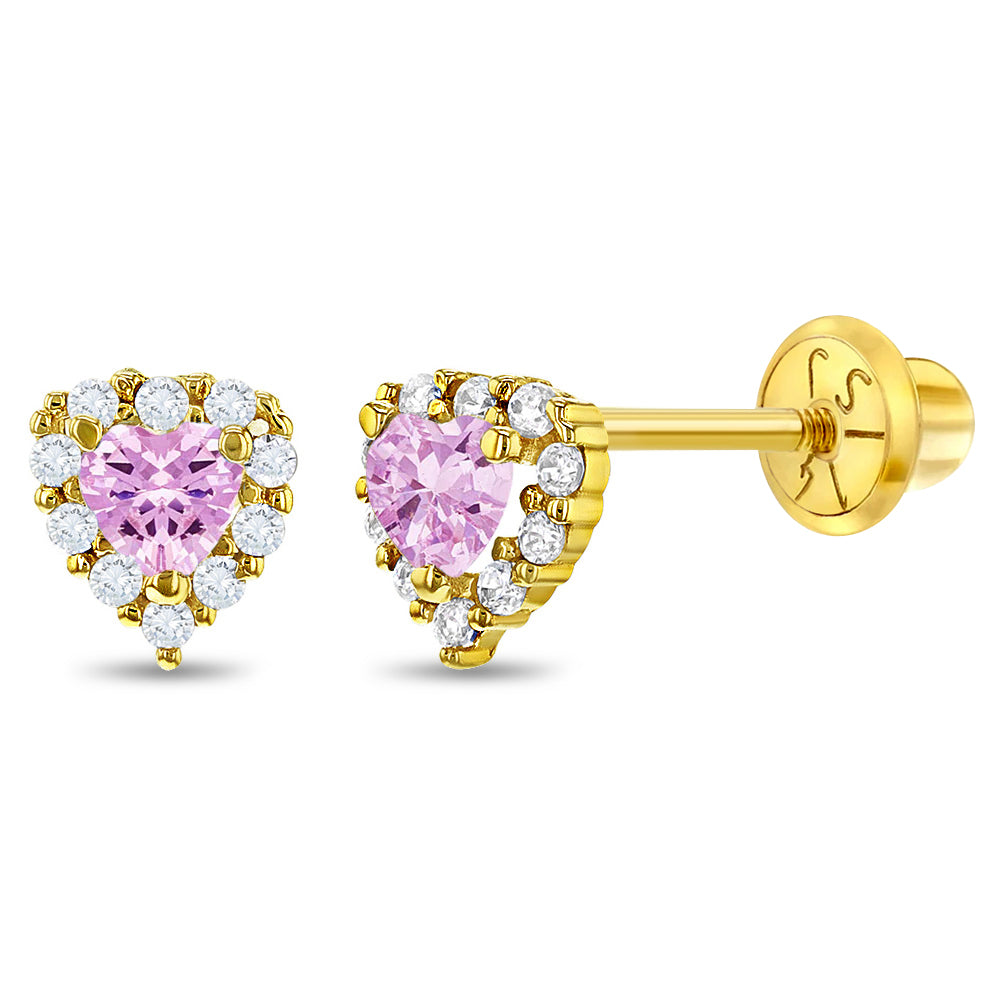 14k Gold Princess Heart CZ Kids / Children's / Girls Earrings Safety Screw Back