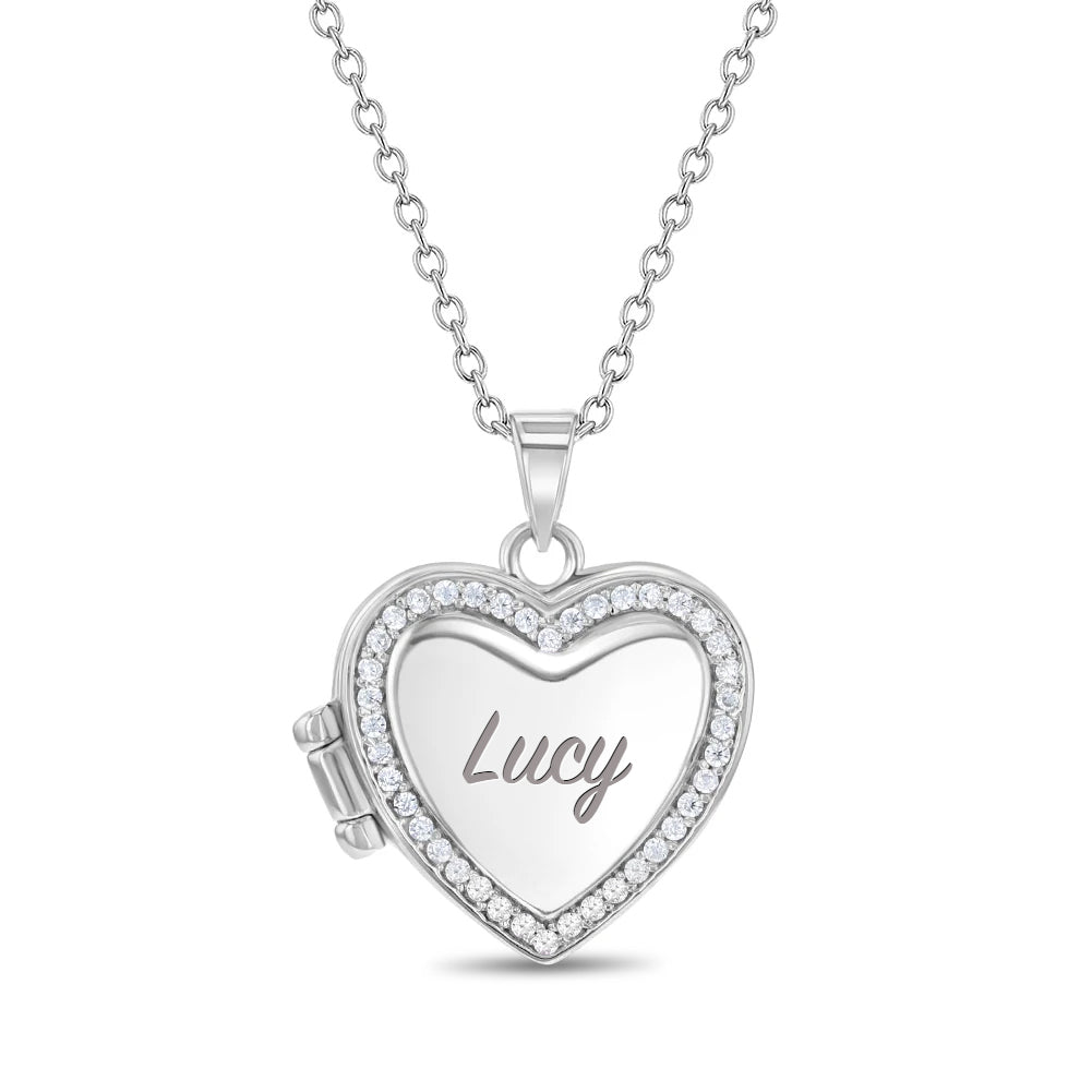 CZ Border Heart Locket Kids / Children's / Girls Pendant/Necklace Personalized / Engravable - Sterling Silver