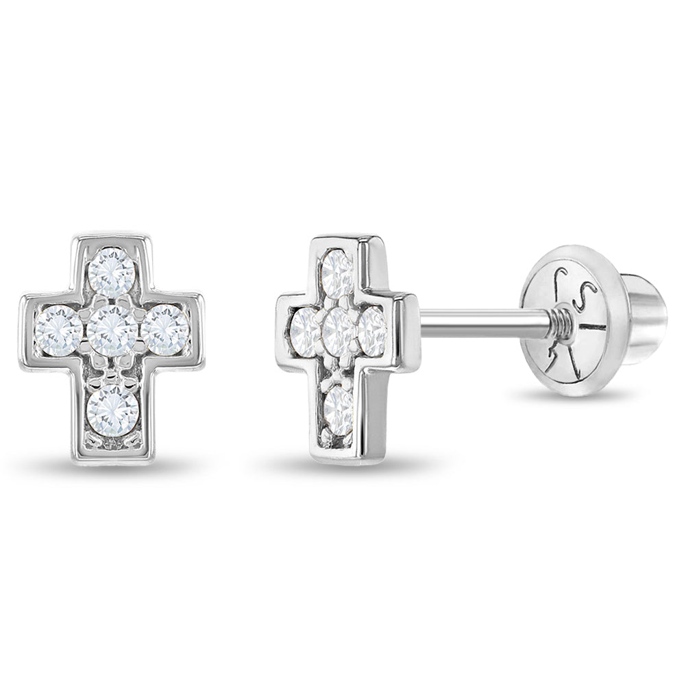 14k White Gold Petite CZ Cross Baby / Toddler / Kids Earrings Safety Screw Back