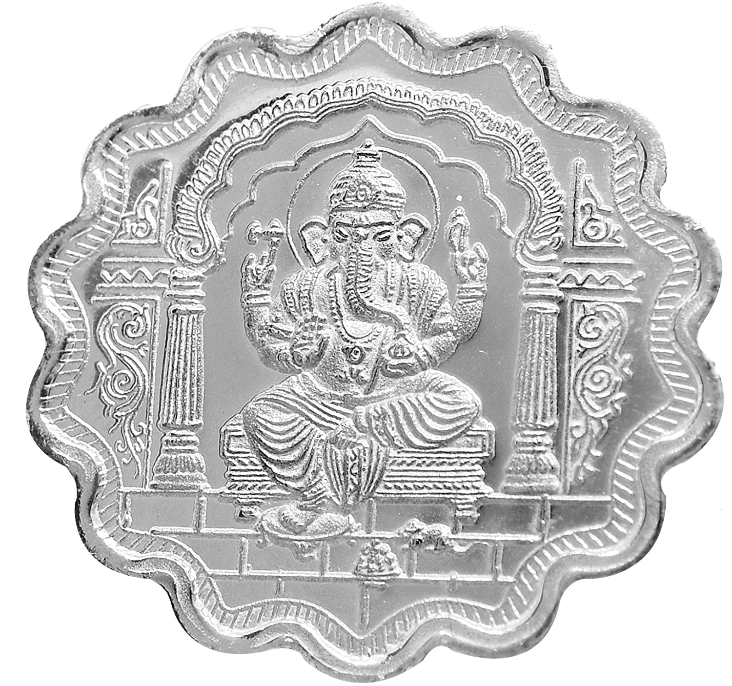 CARATCAFE Pure Silver Coin 999 Purity Coin 10 Grams Ganesh Coin Flower Shape For Pooja 32 MM Size