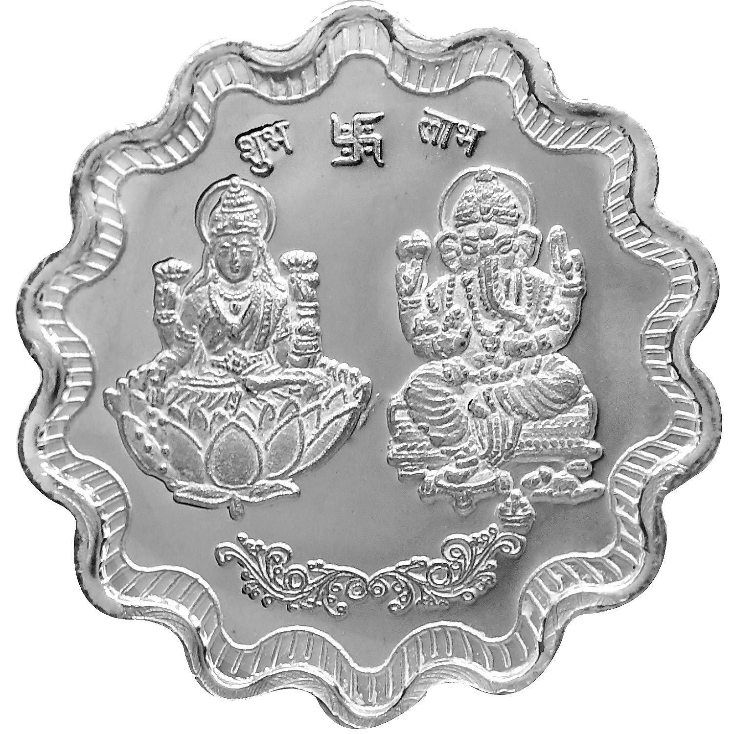 CARATCAFE Pure Silver Coin 999 Purity Coin 10 Grams Lakshmi Ganesh Flower Shape For Pooja 32 MM Size