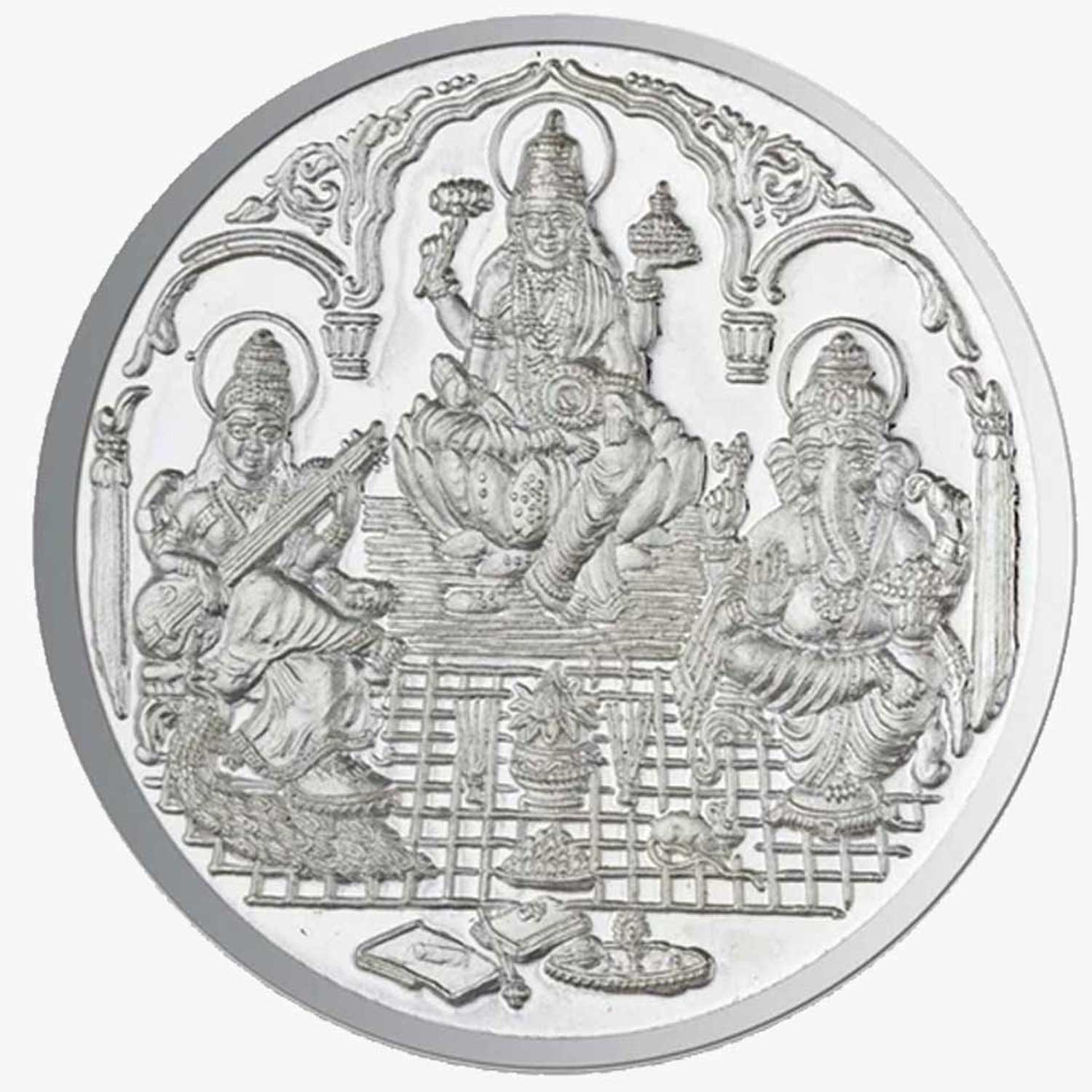 Pure Silver Coin 999 Embossed Laxmi Saraswati Ganesh