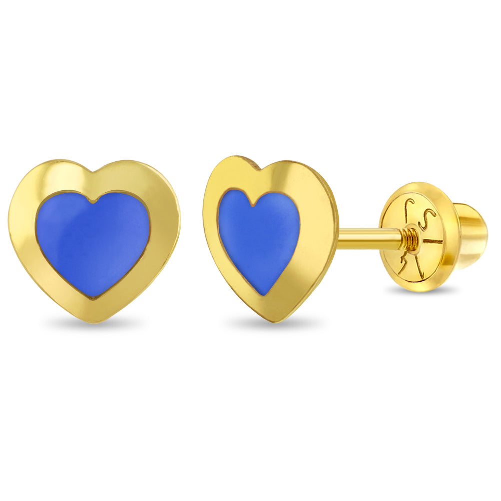 14k Gold Enamel Heart Kids / Children's / Girls Earrings Safety Screw Back