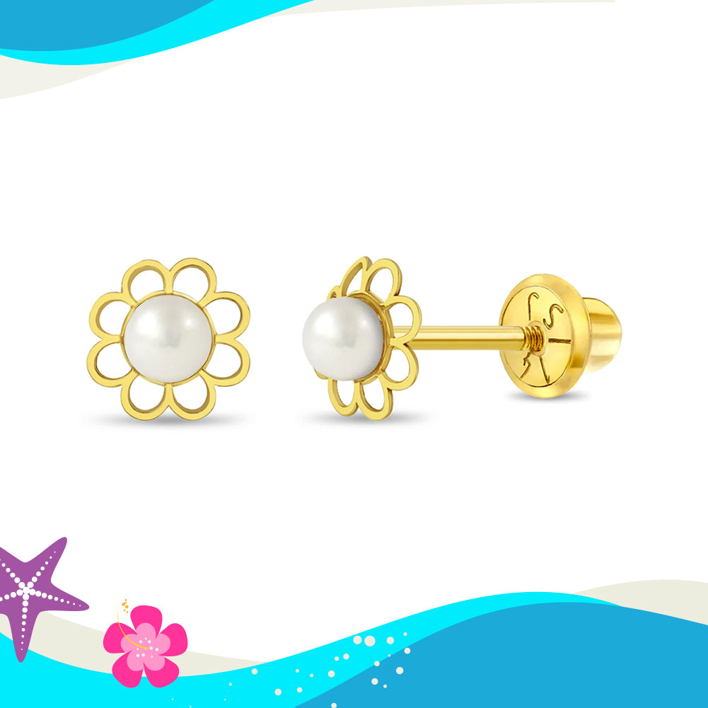 14k Gold Flower Freshwater Pearl Baby / Kids Earrings Safety Screw Back