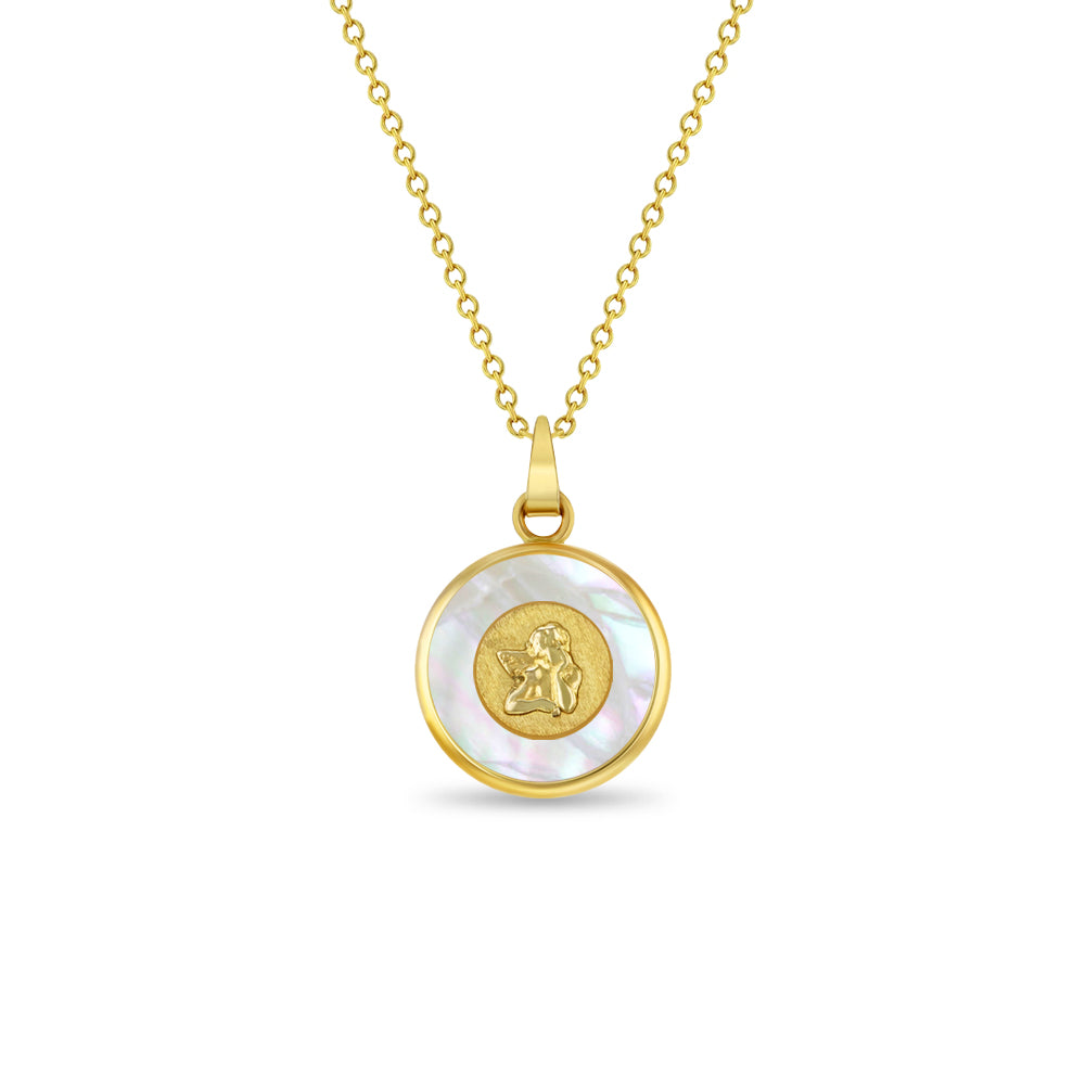 14k Gold Guardian Angel Medal Mother of Pearl Baby / Toddler / Kids Pendant/Necklace