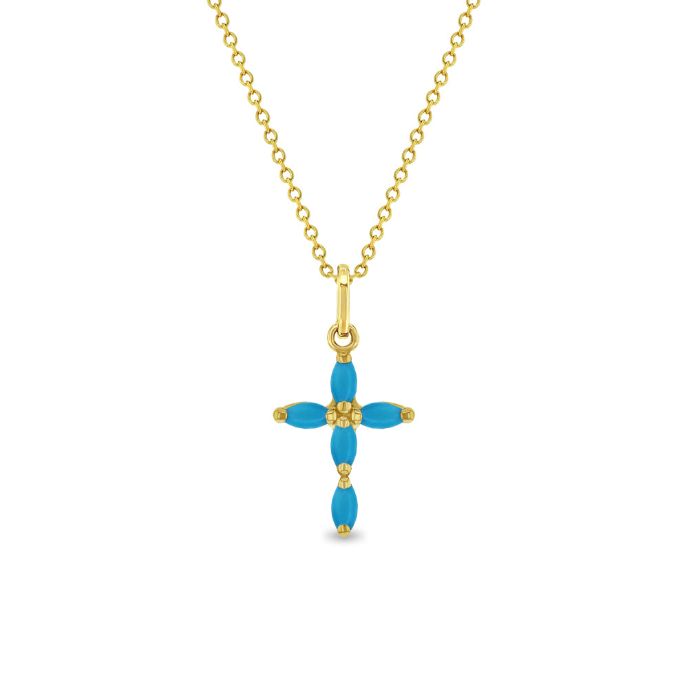14k Gold Multi-Stone Cross Turquoise Kids / Children's / Girls Pendant/Necklace