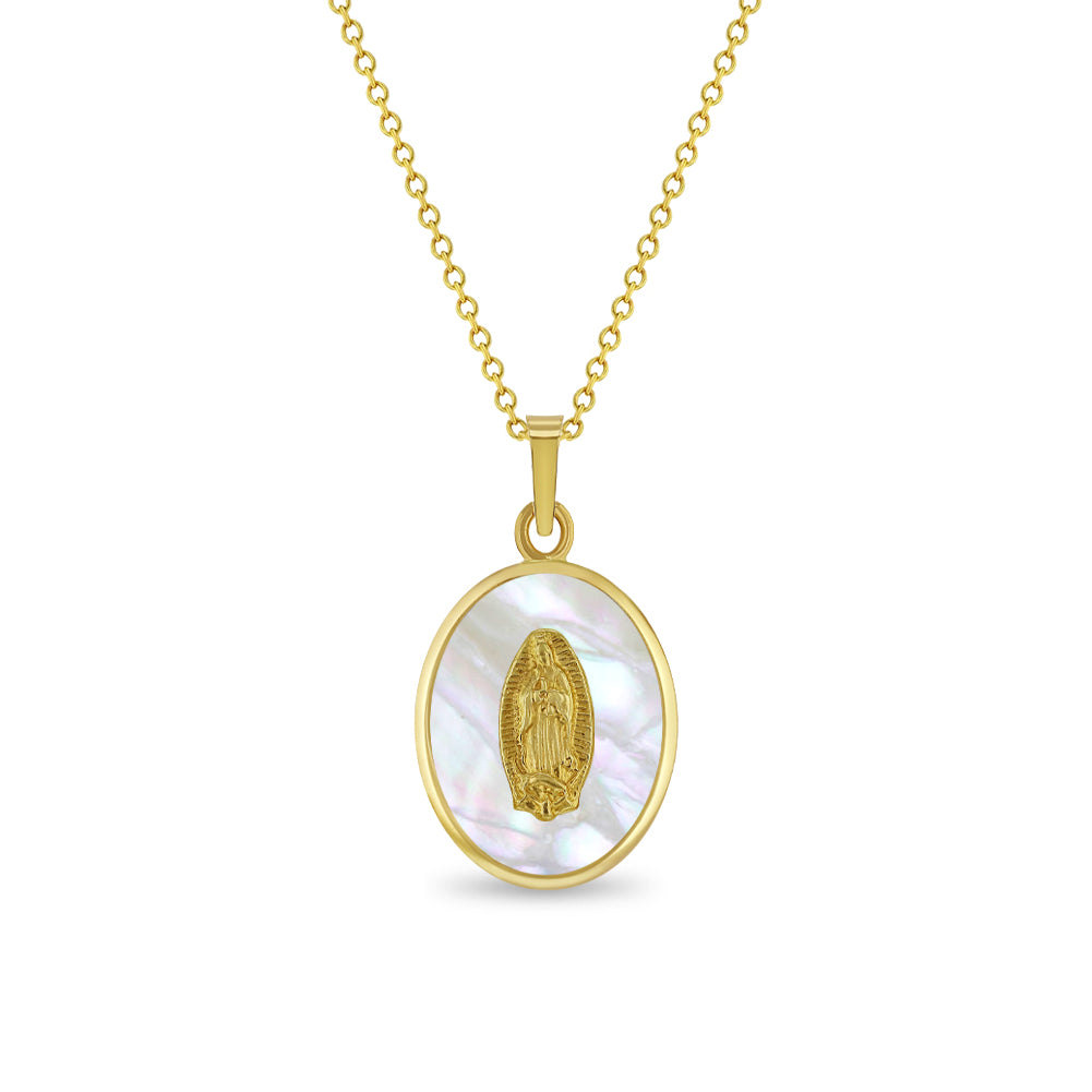 14k Gold Our Lady of Guadalupe Mother of Pearl Baby / Toddler / Kids Pendant/Necklace