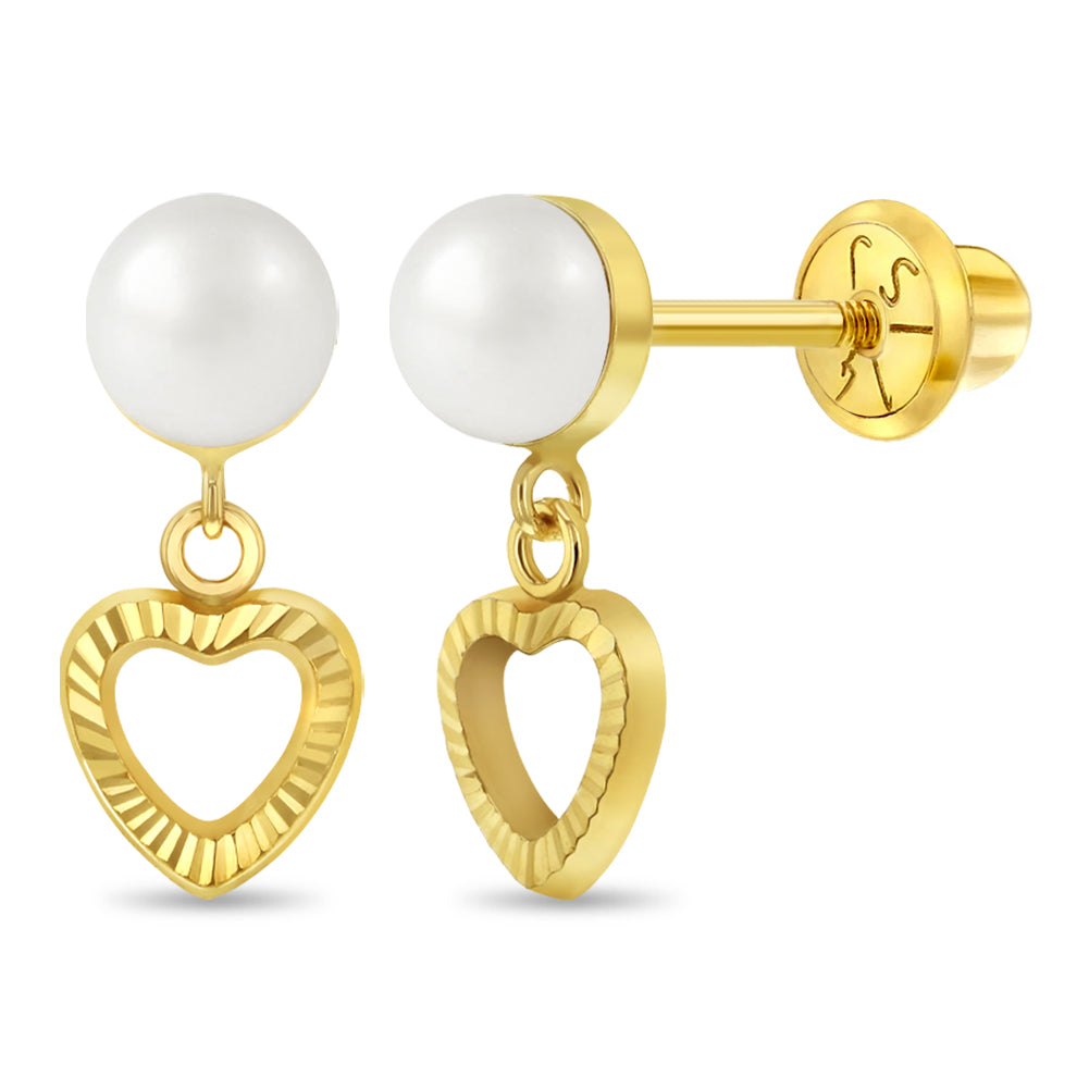 14k Gold Pearl Heart Dangle Kids / Children's / Girls Earrings Safety Screw Back