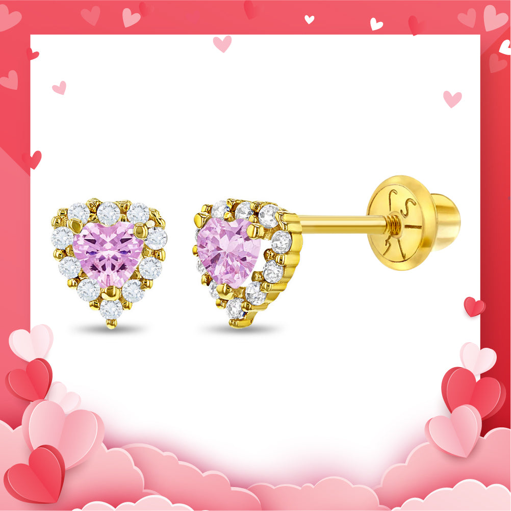 14k Gold Princess Heart Pink Kids / Children's / Girls Earrings Safety Screw Back