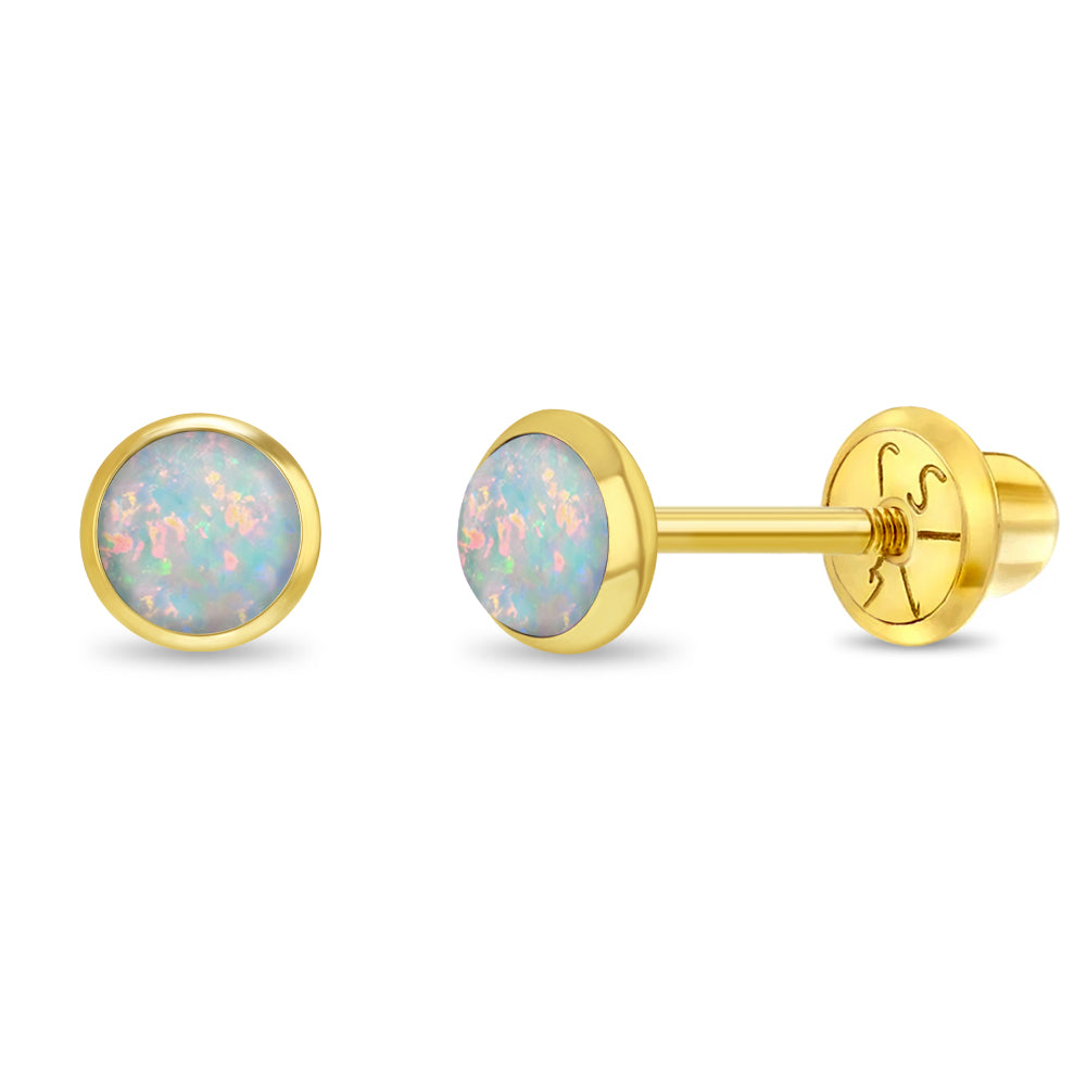 14k Gold White Opal Bezel Baby / Toddler / Kids Earrings Safety Screw Back