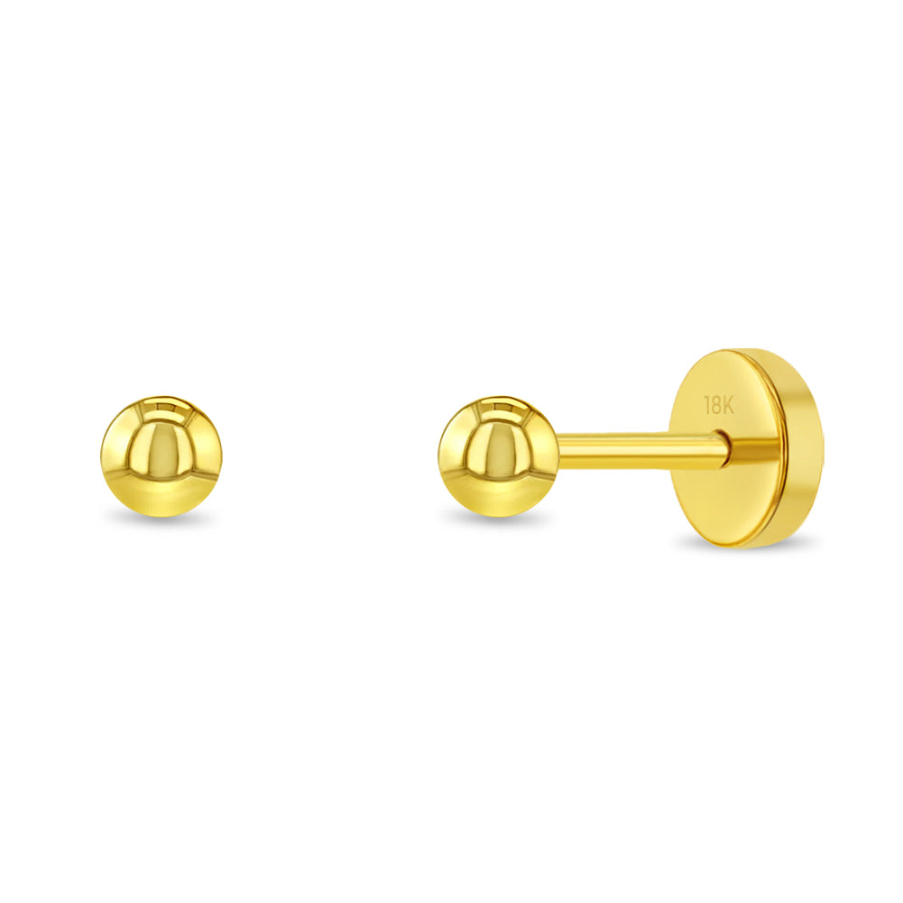 18k Gold Polished Ball 3mm Baby / Toddler / Kids Earrings Safety Push Back